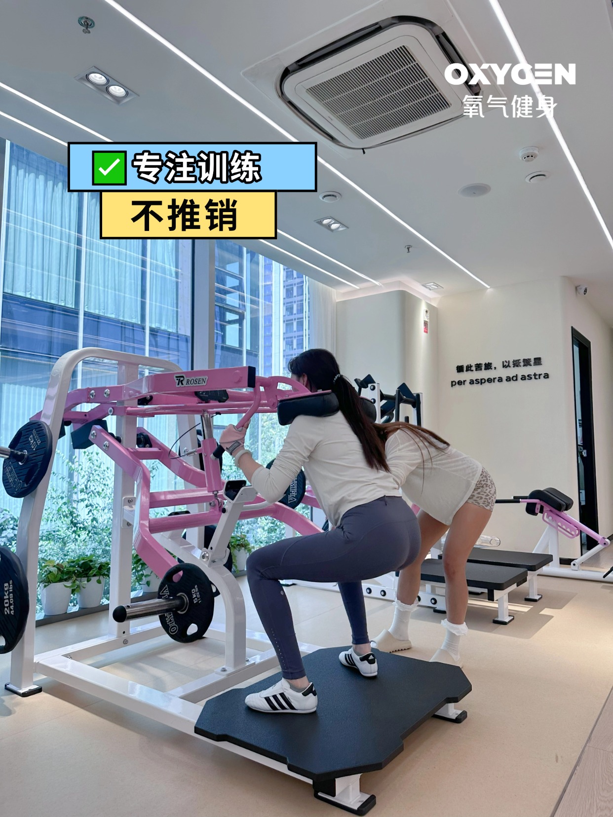 乌鲁木齐OXYGEN氧气健身粉色ROSEN哈克深蹲机 女教练辅助保护 女性臀腿塑形 不推销 落地窗训练区