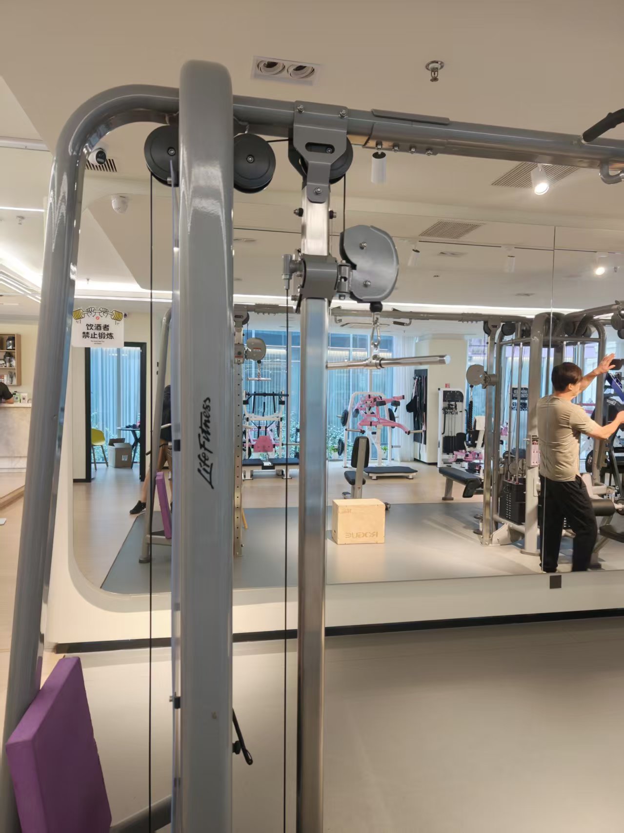 OXYGEN氧气健身 LifeFitness 大飞鸟 / 高位下拉 High Pulley / Lat Pulldown Station 作用部位背阔肌 / 肱二头肌 用法宽握高位下拉练背宽度，窄握练背厚度。下拉